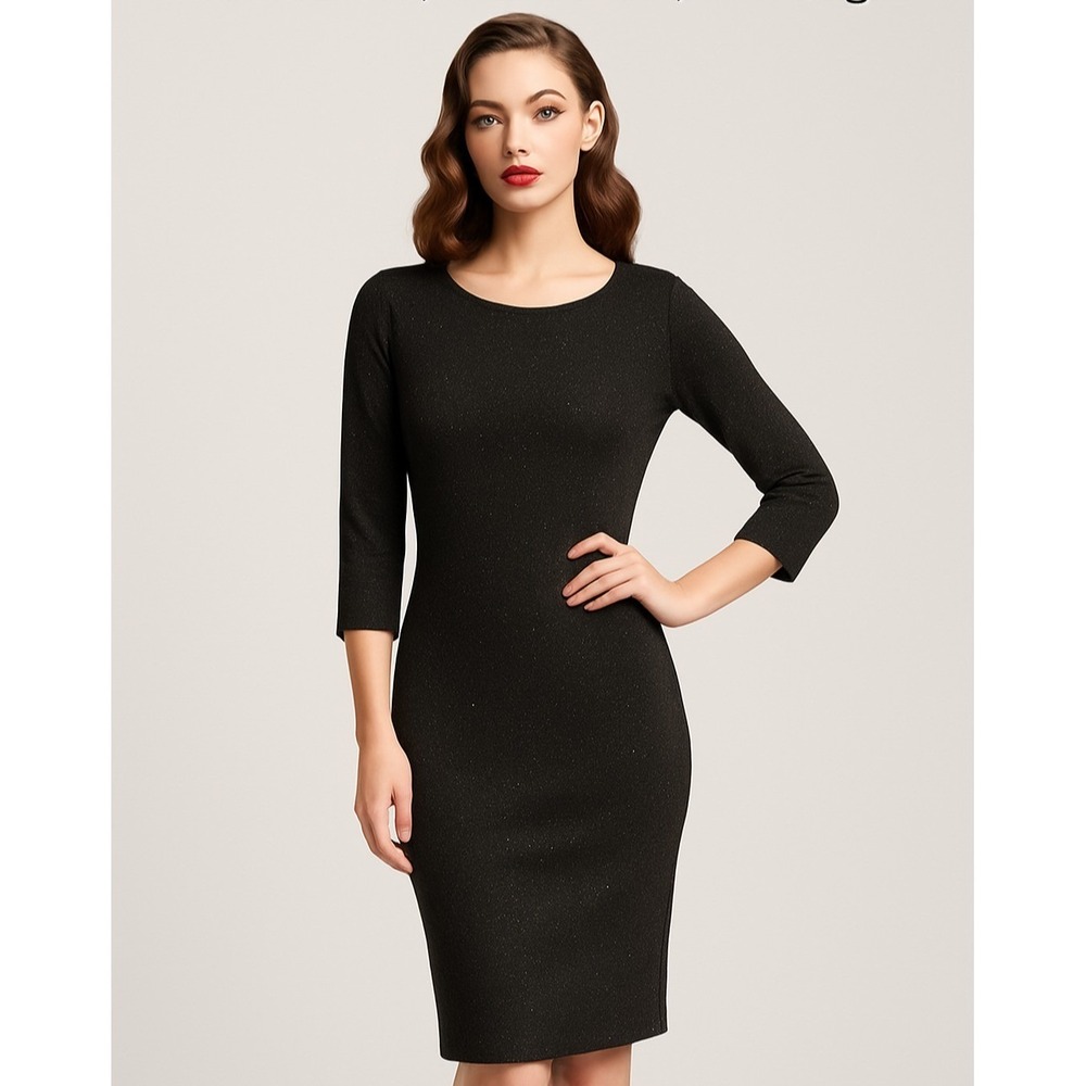 Unique Vintage Sheath Dress Womens L/10-12 Black Sparkle 3/4 Sleeve Bodycon‎